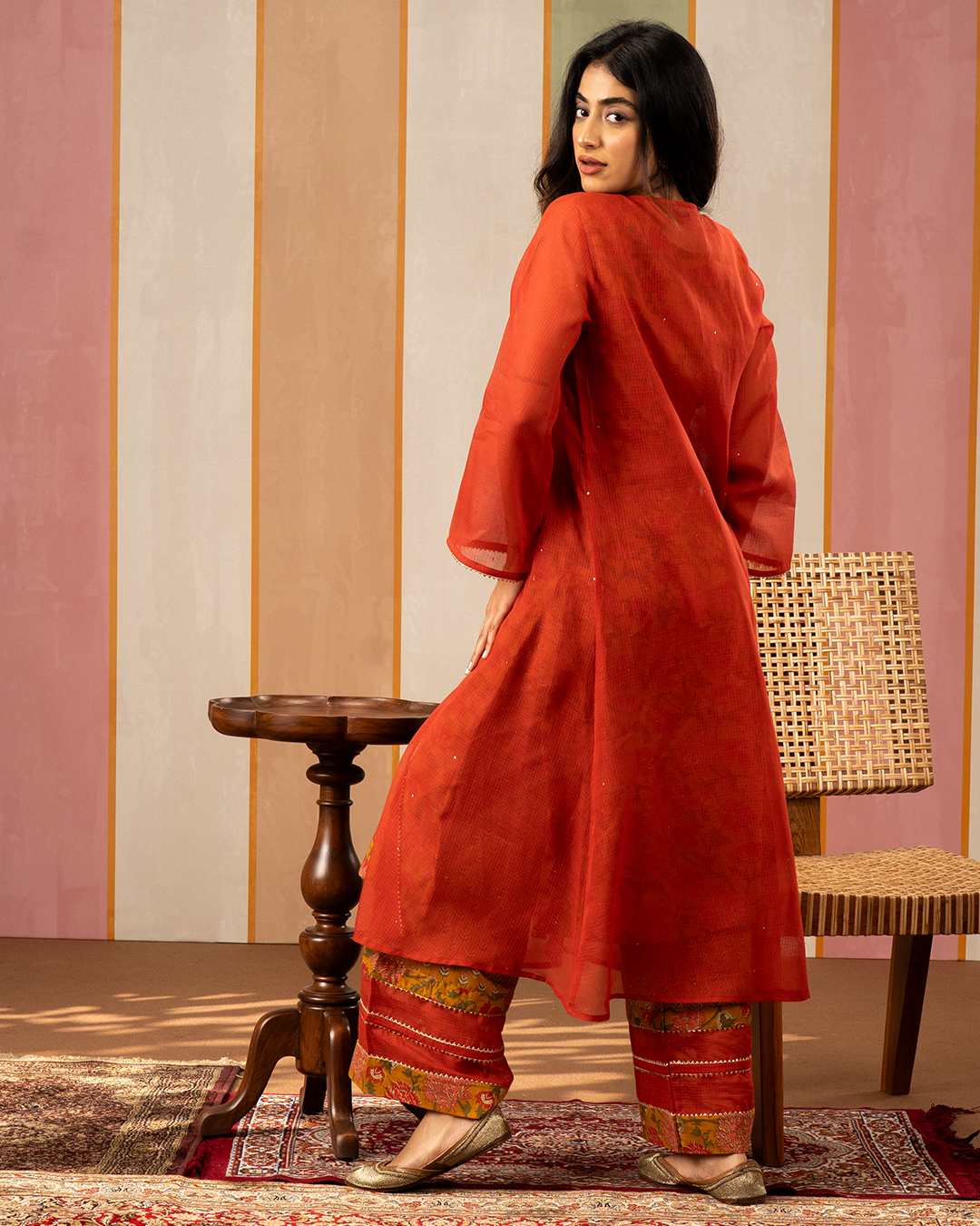 Red and Yellow Printed Cotton Doria Kurta Set