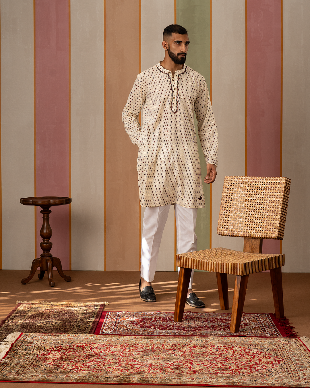 White Blockprint Cotton Kurta With Embroidery