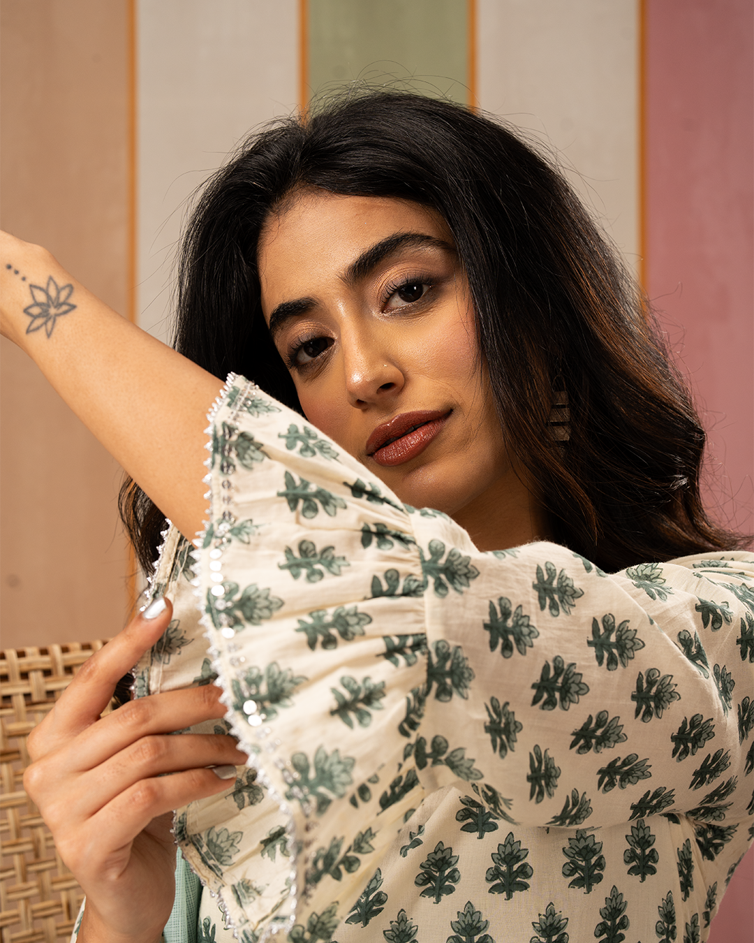 Sea Green and White Blockprint Flare Long Kurta