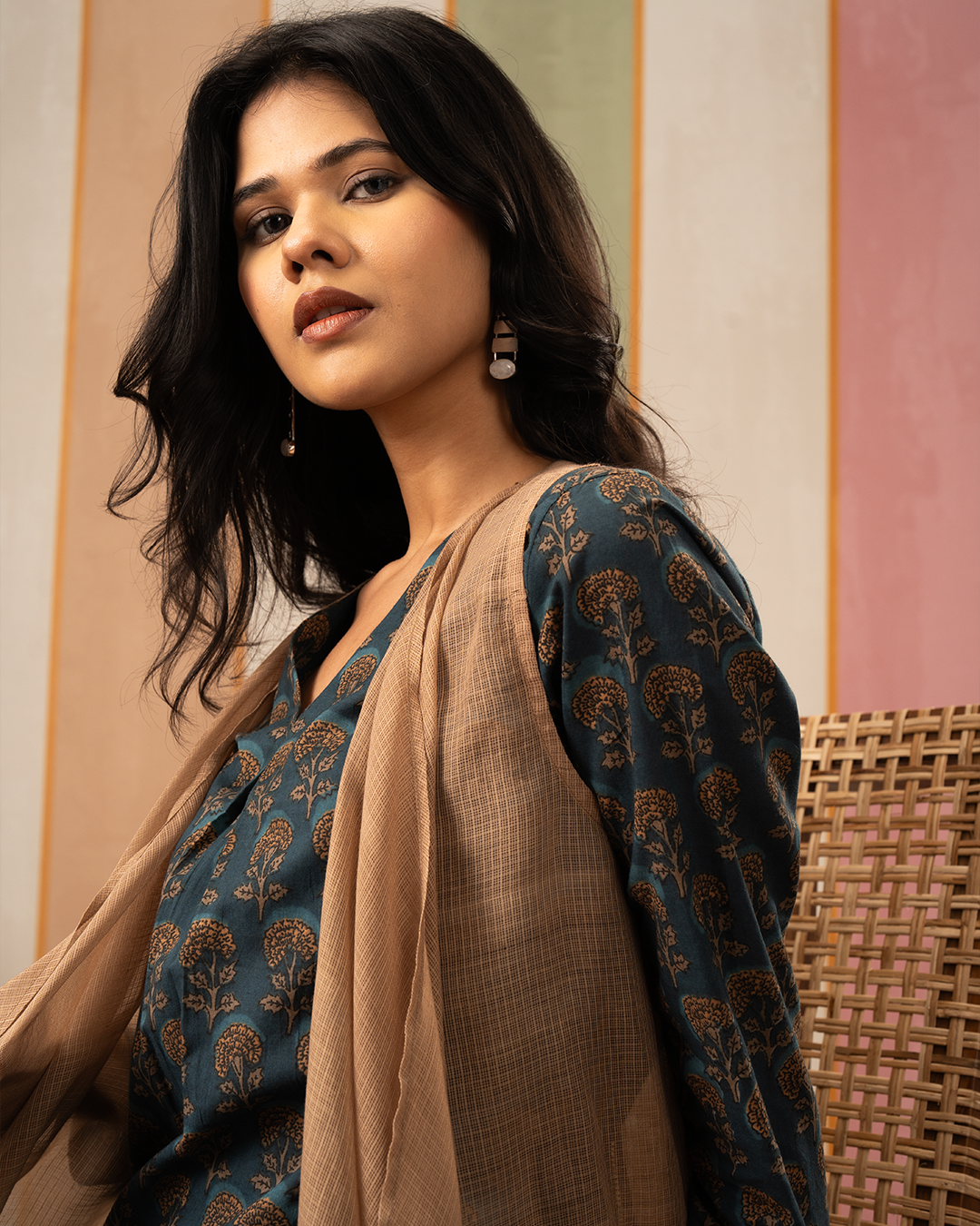 Blue and Brown Cotton Doria Blockprint Coord Set with Jacket
