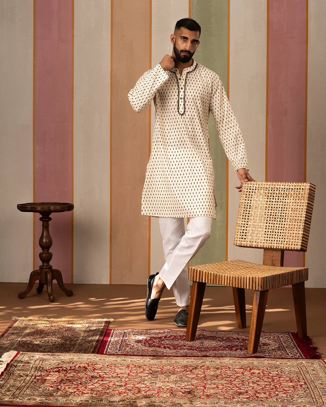 White Blockprint Cotton Kurta With Embroidery