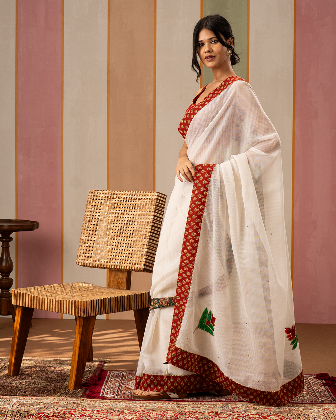 Off White Doria Blockprint Saree with Embroidery